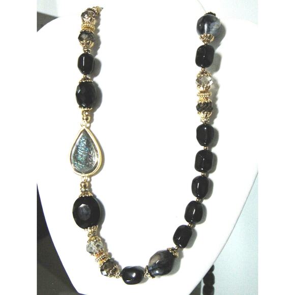 NEW Sara Bella Black Onyx Glass Bead NECKLACE 34" Adj Mother Of Pearl Nordstrom - Picture 11 of 11